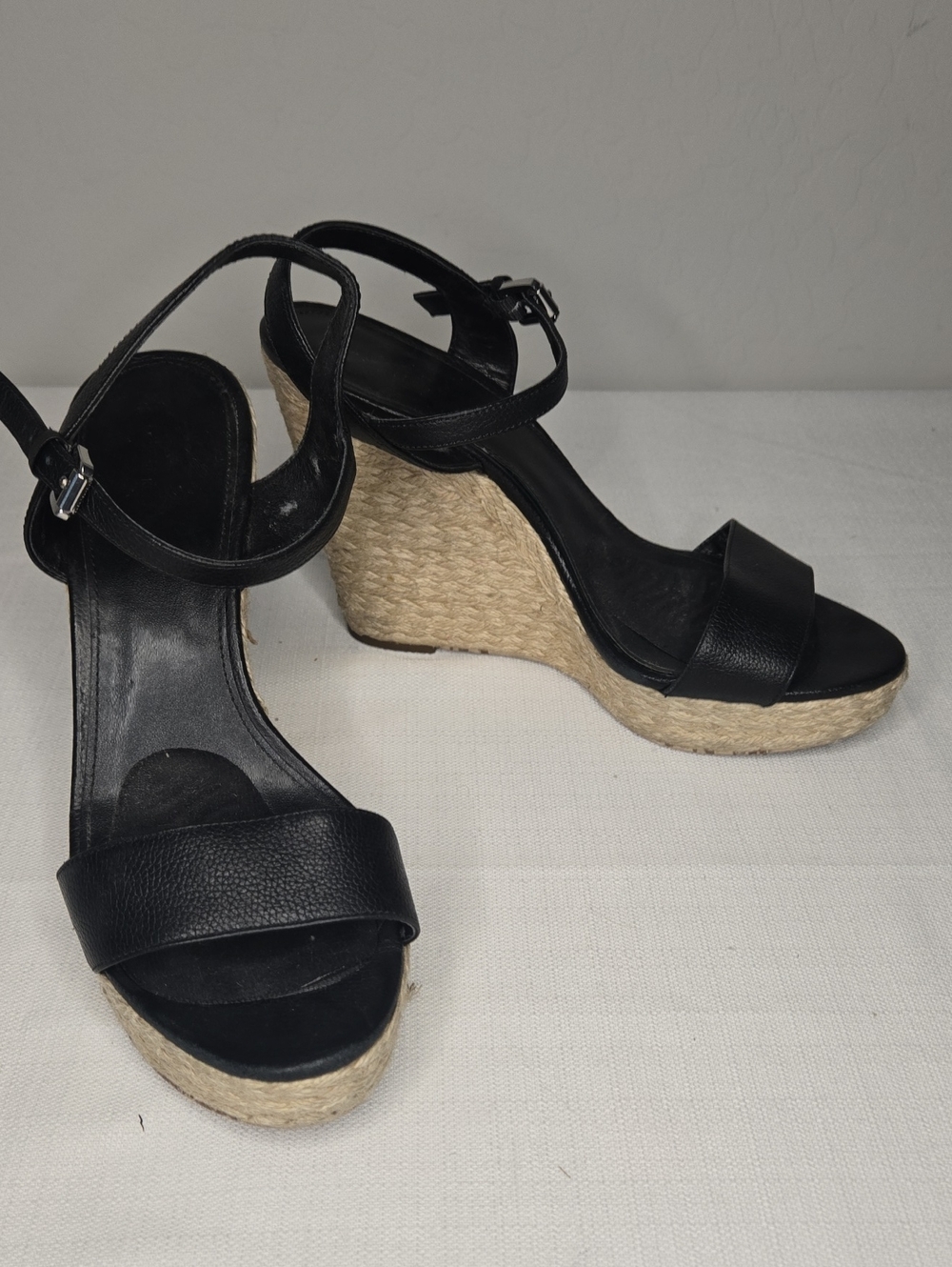 Michael Kors Black Leather Espadrille Wedge Sandals